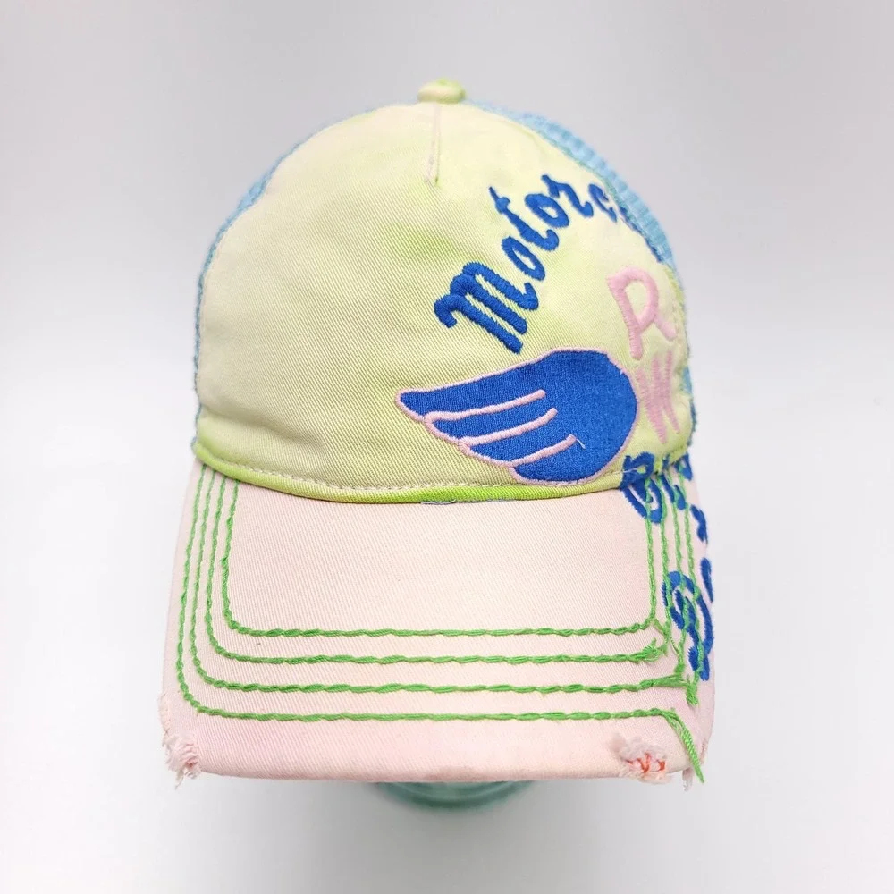True Religion Distressed Motorcycle RW Club Strapback Cap Hat‎ Leather Mesh TRBJ
